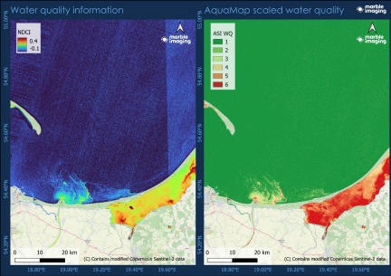Figure 1. Sites suitable for aquaculture operations based on water quality for the region near Gdansk. Left: Water quality information computed from Sentinel-2, Right: Aquaculture suitability water quality scale showing optimal water quality for aquaculture operations in green and un-suitable locations in red or orange