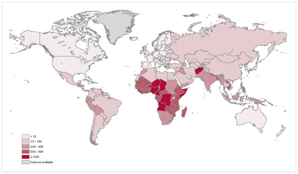 Maternal mortality ratio per 100 000 live births, 2005 ©World health statistics 2008