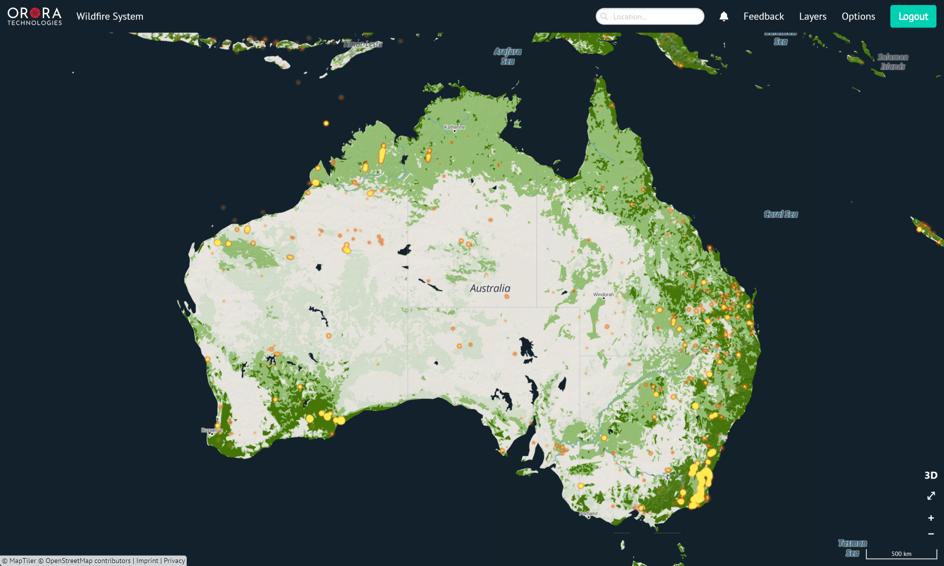 Early detection is vital and is provided here in the Heat Map layer showing hot spot detection in Australia. 