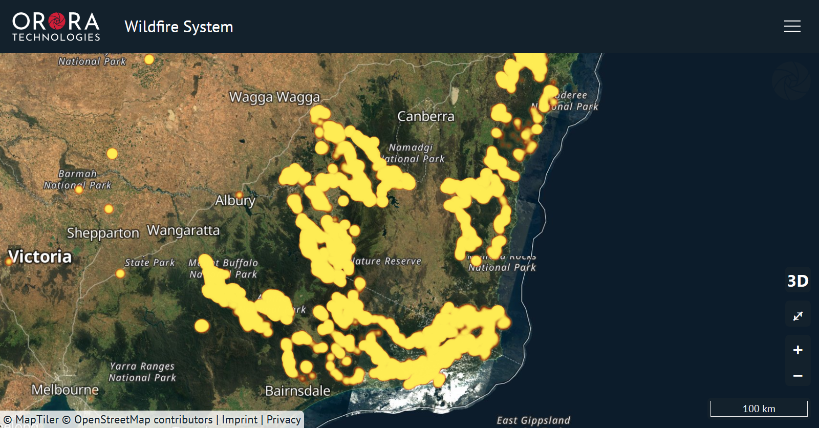 Historical visualisation can be valuable. Here the Heat Map layer shows hotspot detection of fires in New South Wales, Australia, from December 2019 to January 2020. 