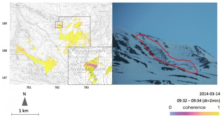 GPRI coherence map (left) and webcam image of the avalanche (right). 