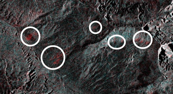 TerraSAR-X scene subset of a color composite (25.2.2014 red and 17.1.2014 green) covering the Pischa Valley north of Davos. White circles indicate fresh avalanche deposits