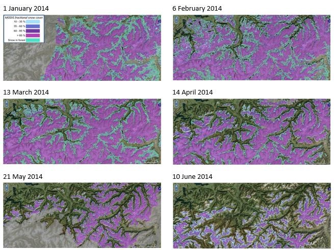 Time series of FSC products from MODIS data showing the development of the fractional snow cover in the central Alps (Davos is indicated by the yellow circle) from 1 January 2014 to 10 June 2014. Grey areas indicate clouds.