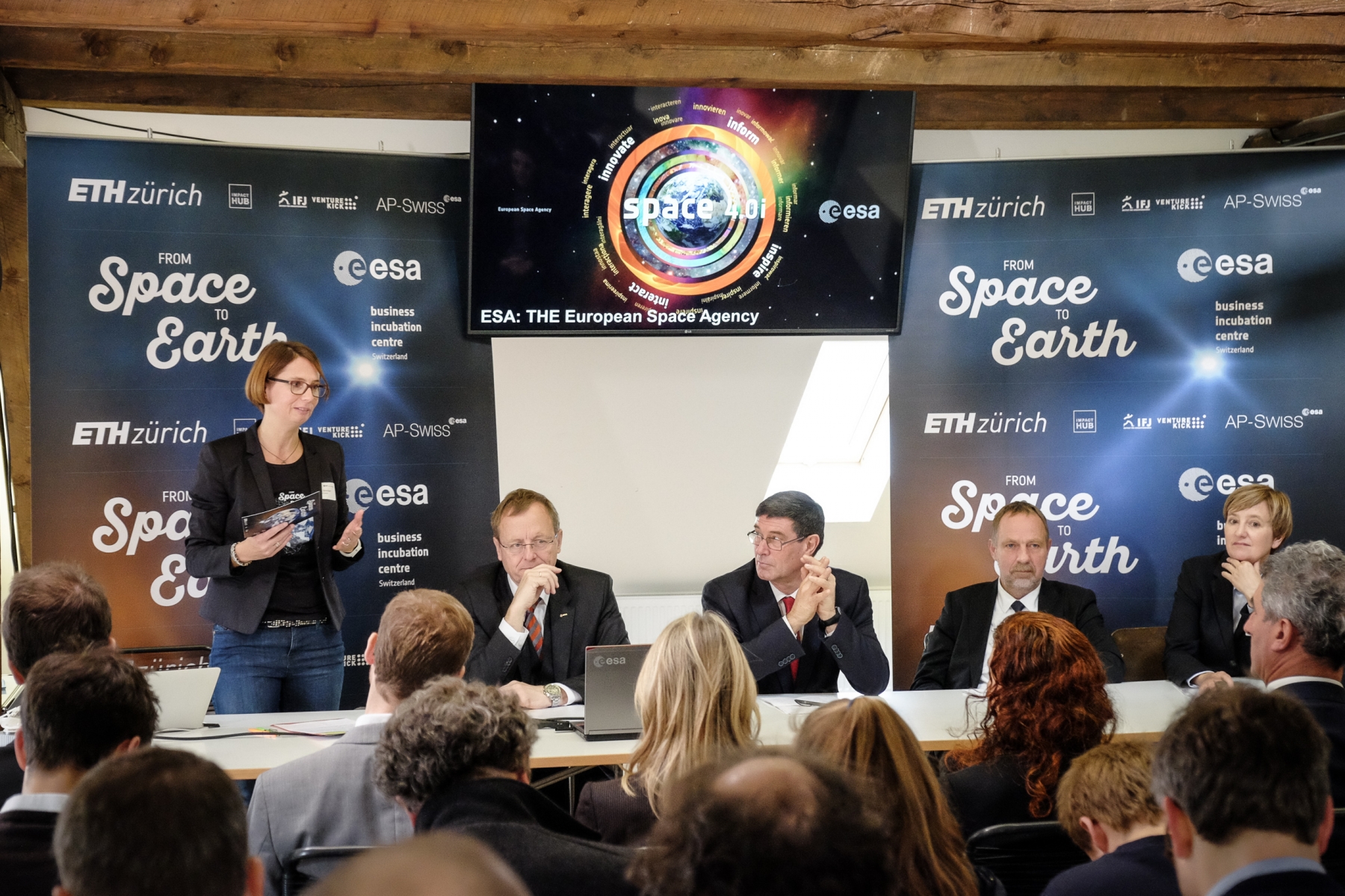 The Swiss launch event. From left to right: Nanja Strecker (project manager BIC), Jan Wörner (ESA DG), Mauro Dell’ Ambrogio (State Secretary for Education, Research, Innovation, SERI), Detlef Günther (Vice President ETH), and an ETH representative