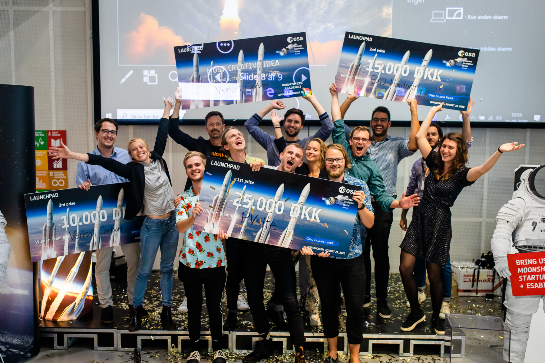 The three winning teams from Denmark’s ESA BIC Launchpad 2020 pre-incubation programme were PVSite with ‘Utilization of satellite data for construction and operation of solar parks’ (1st), EXO Monitoring with ‘Geophysical risk assessment of real estate transactions using satellite data’ (2nd) and Verisat Carbon with ‘Platform for trading CO2-reducing forestation with satellite verification’ (3rd). Image credit: Kaare Smith/ESA BIC Denmark 