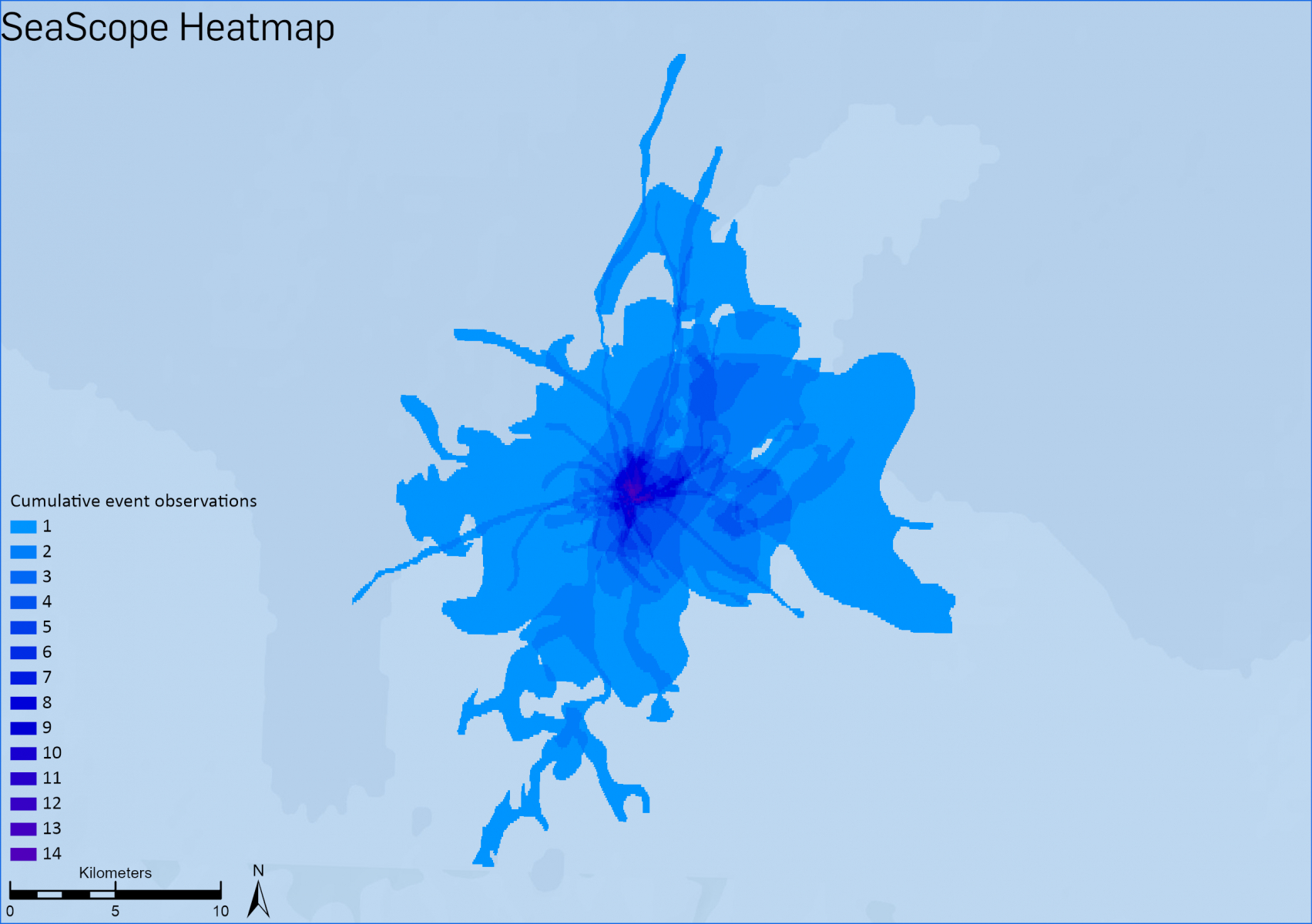 Heatmaps showing slicks over time give operators information about anomalous events that go beyond normal discharge levels; in this case showing occurrences and extents from a subsea leak in the North Sea in 2020 (image courtesy of CGG).