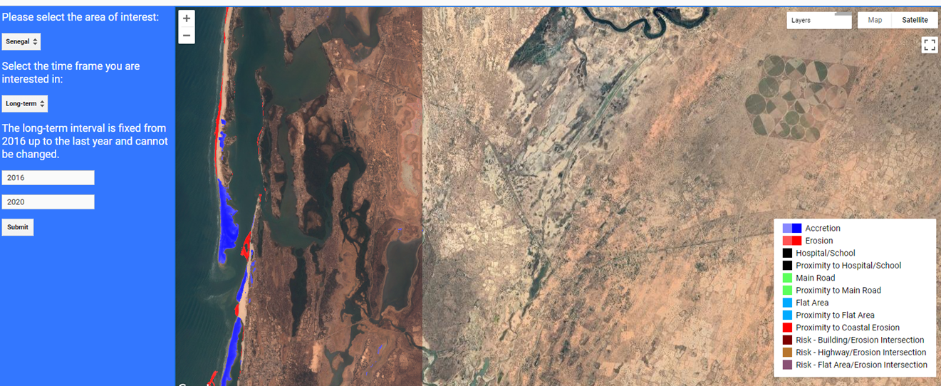 Figure: Back End concept, with 3 user options (top left) and an exemplary ‘long term’ ‘erosion’ and ‘accretion’ severity map for Senegal, between 2016 and 2020.Risk components that can be visualized are shown in the legend in the lower right