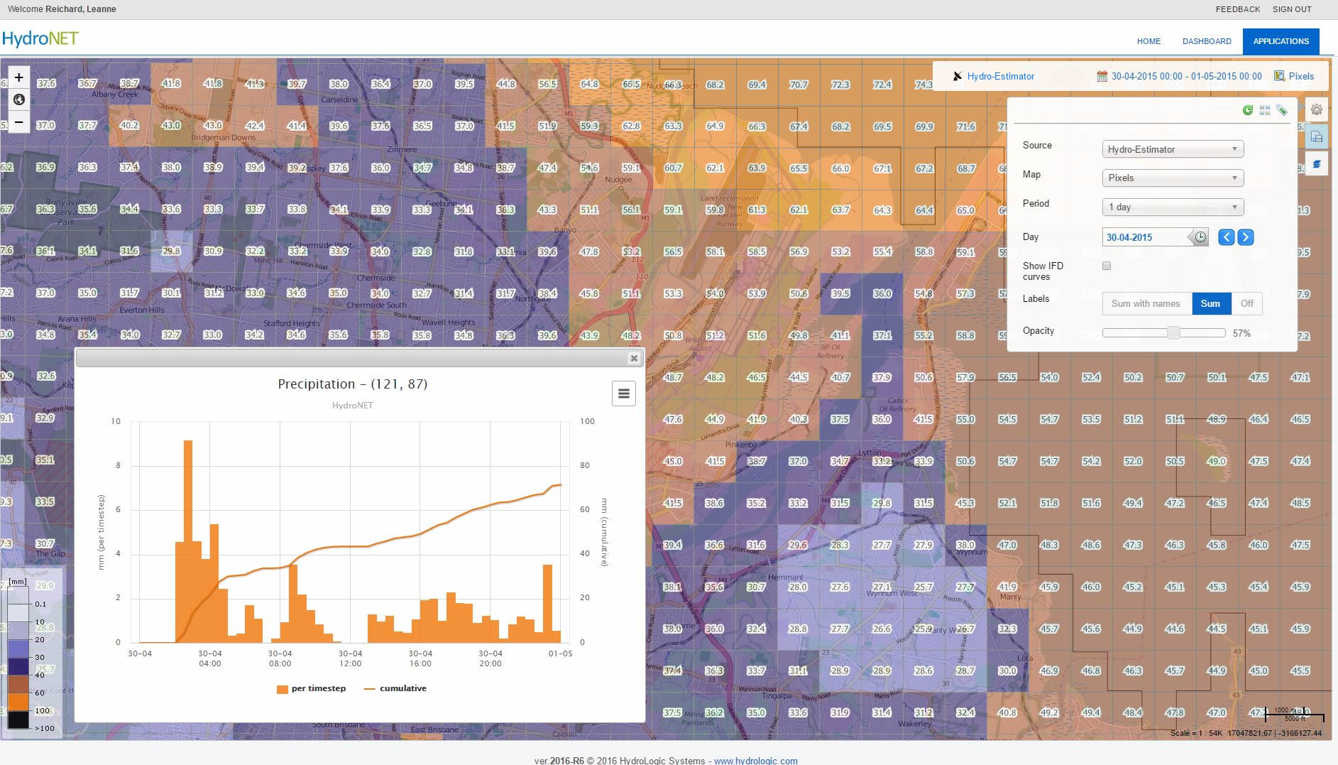 Rainfall information based on NOAA’s GOES Hydro Estimator made available via the RainWatch service.