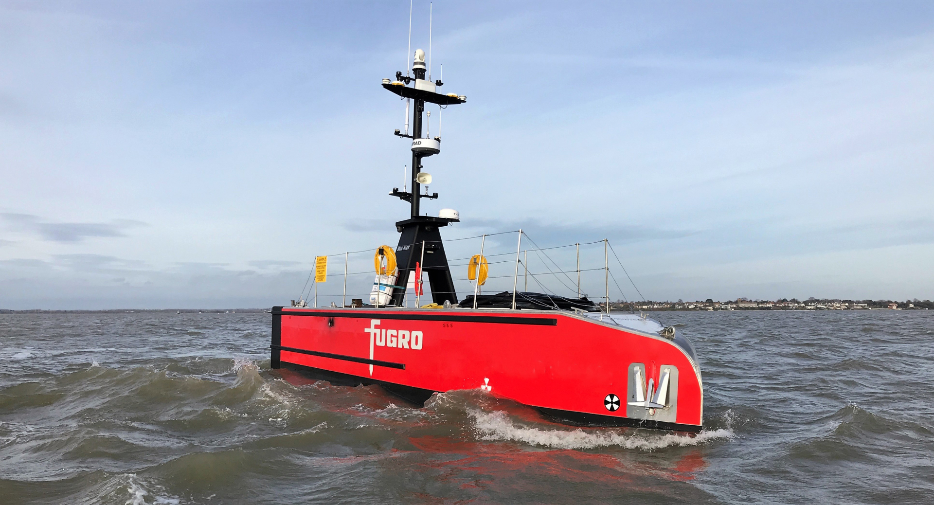 SEA-KIT has achieved the feat of operating an uncrewed vessel over the horizon. This Shell Ocean Discovery XPRIZE award-winning technology has now matured into a viable commercial offering. (Image credit:  Fugro 12m USV, SEA-KIT International)