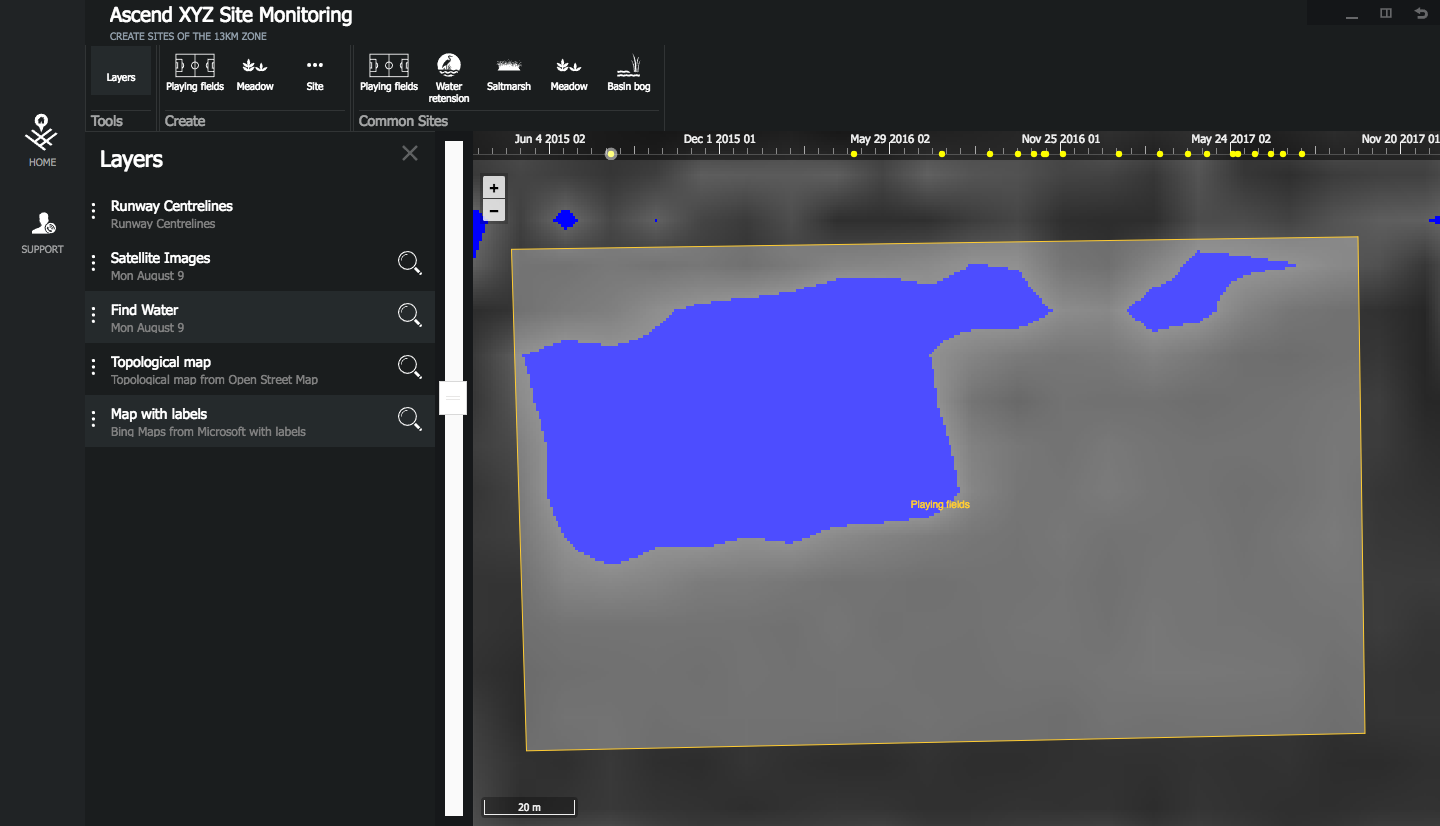 Screen dump from Ascend XYZ service - NDWI applied on satellite data from 9 August 2017 an area covering 4 football fields.
