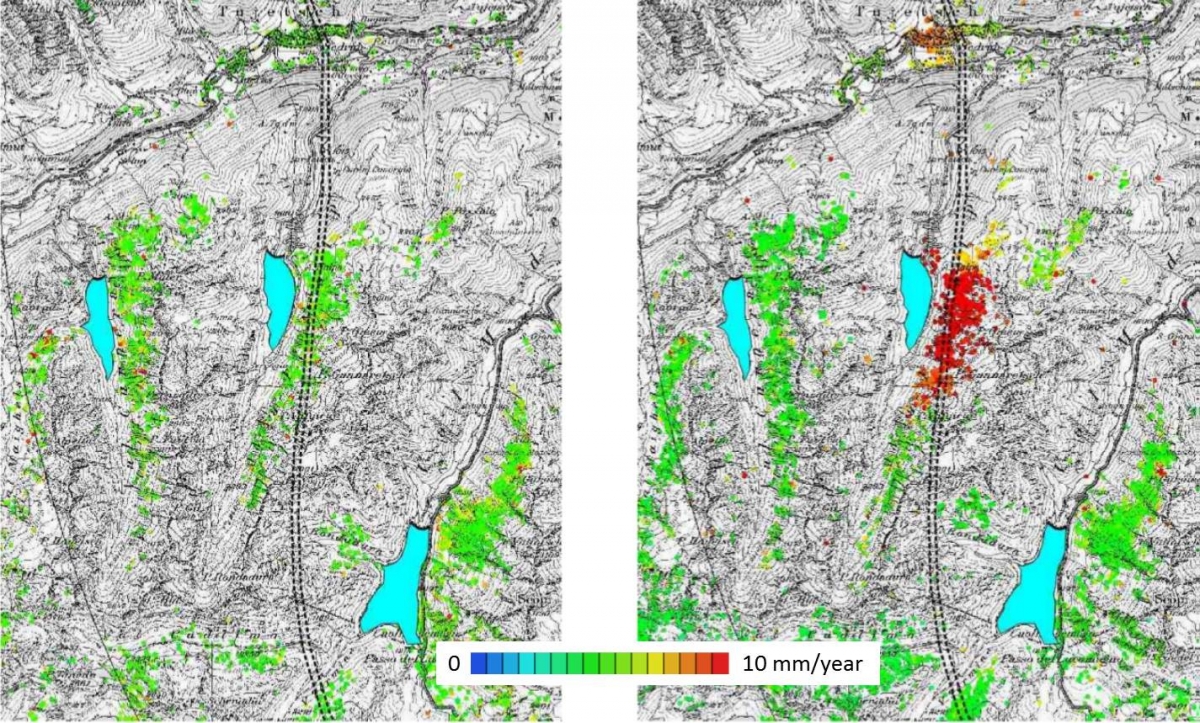 Subsidence along the Val  Nalps. Results on the left are obtained through ERS - 1/2 data from '92  - '00 The results on the right are obtained through ENVISAT data from  '04 - '10. Source: MATIST