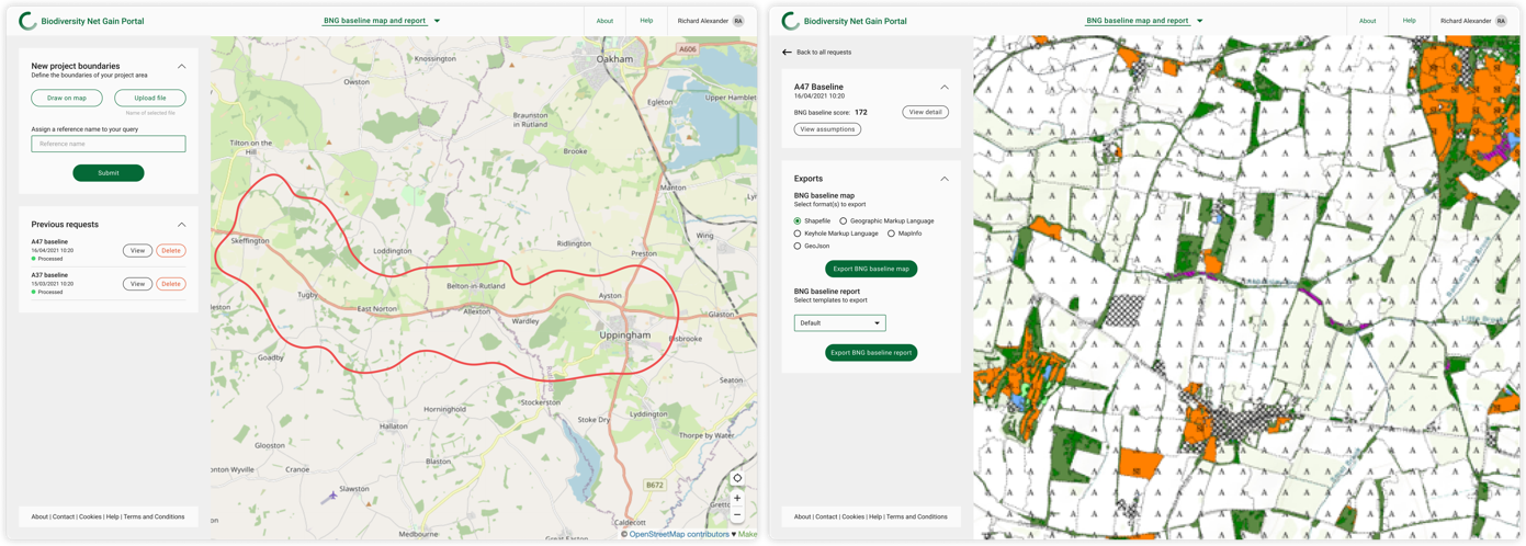 Left: View of the BNG baseline map and report function. Right: Details of baseline map and report for a specific project – Credit: Arup 