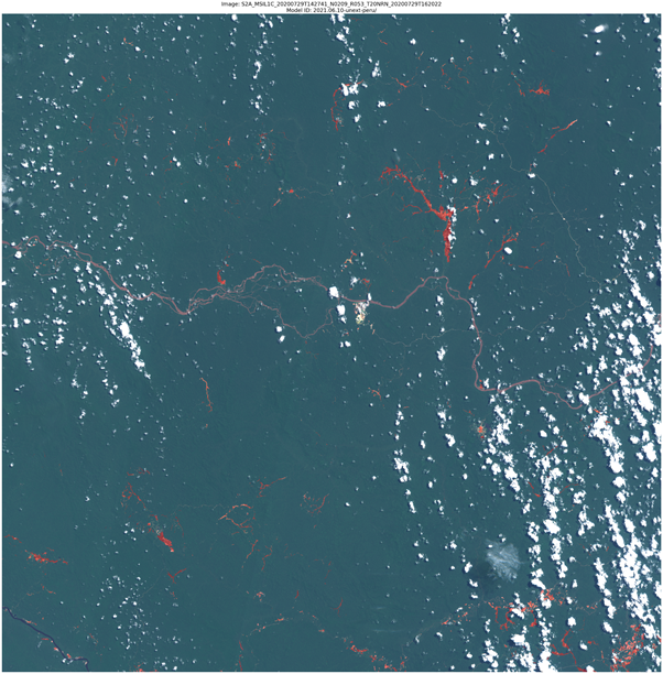 Guyana’s Cuyuni and Mazaruni mining districts in the Amazon rainforest in 2020. ASMSpotter detected the small-scale mines and marked them in red. Note the cloud cover in this image; the introduction of cloud-penetrating radar will make ASMSpotter applicable with higher frequency and in more regions. Image credit ASMSpotter