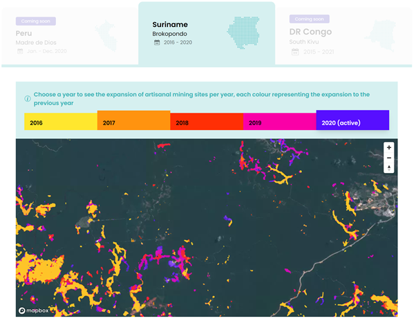 ASMSpotter demo showing the destruction of Suriname’s rainforests in recent years. Image credit ASMSpotter