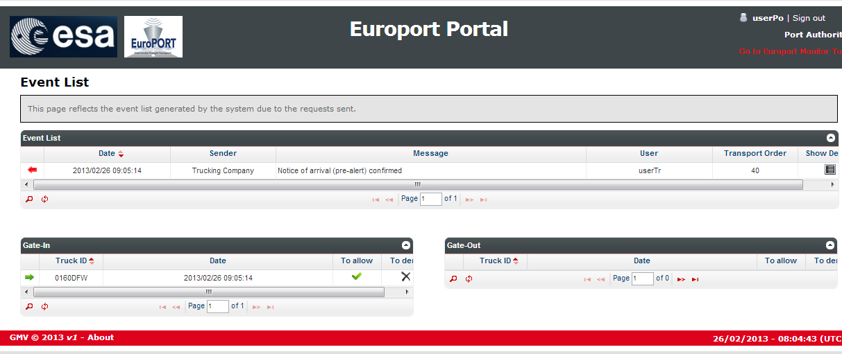 EUROPORT web page screen of a port user where to allow gate-in