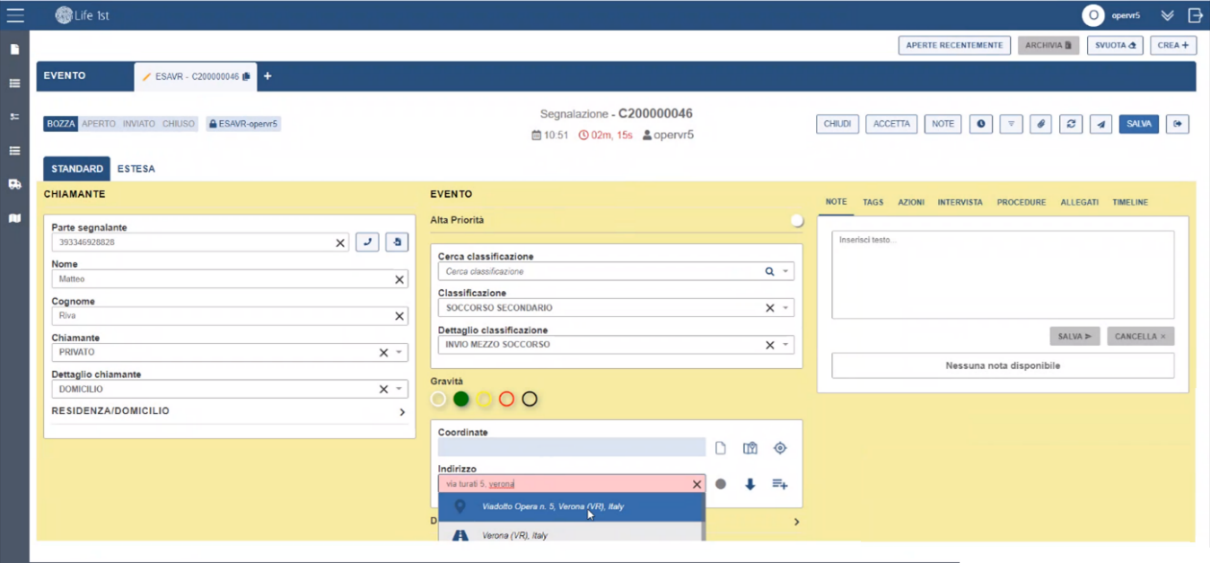Screenshot of First RESPonse software Integration to Emergency Control Room in Italy