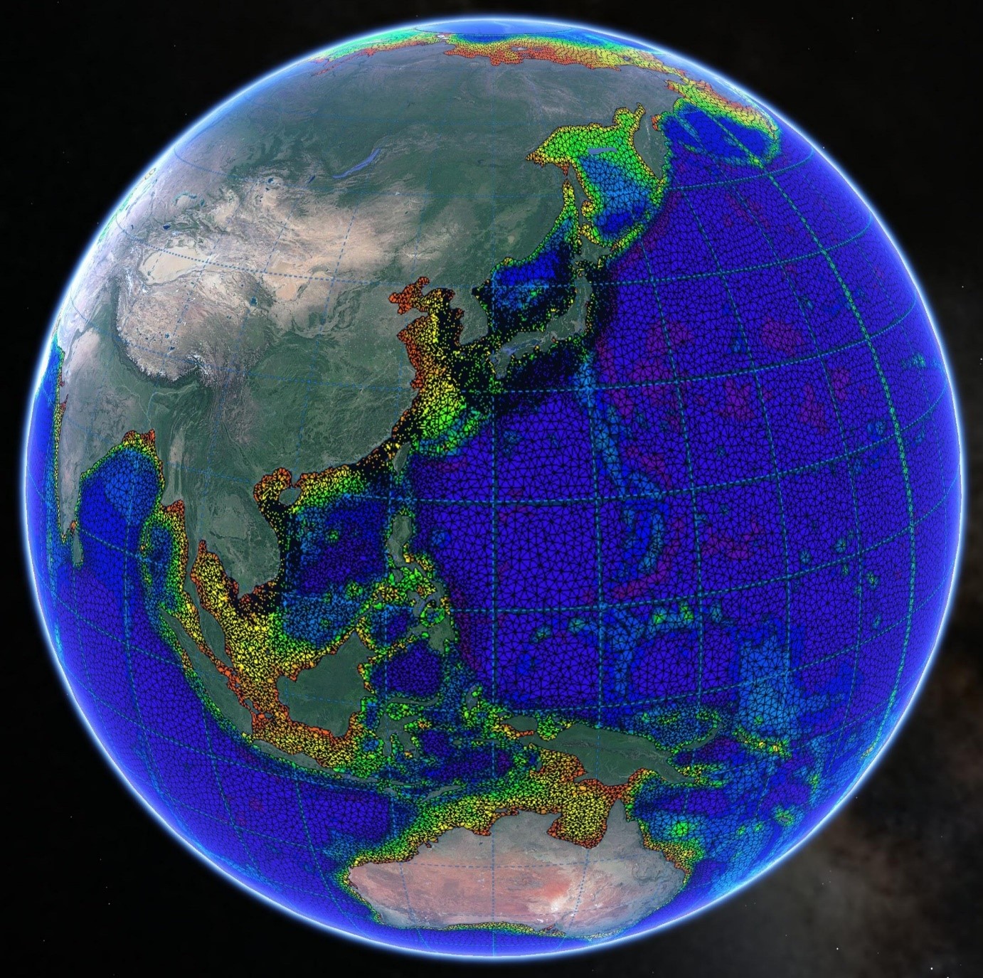Global Wave Forecast Model, computational mesh. Image credit: Google Earth and DHI