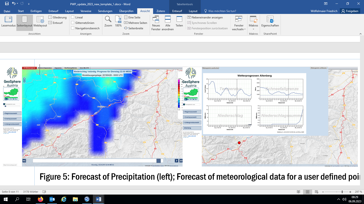 Figure 5: Forecast of Precipitation (left); Forecast of meteorological data for a user defined point (right)