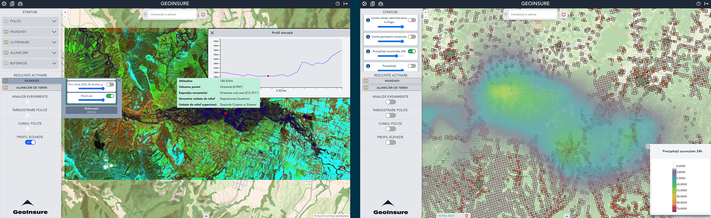 GeoInsure interface showing flooding and precipitation maps