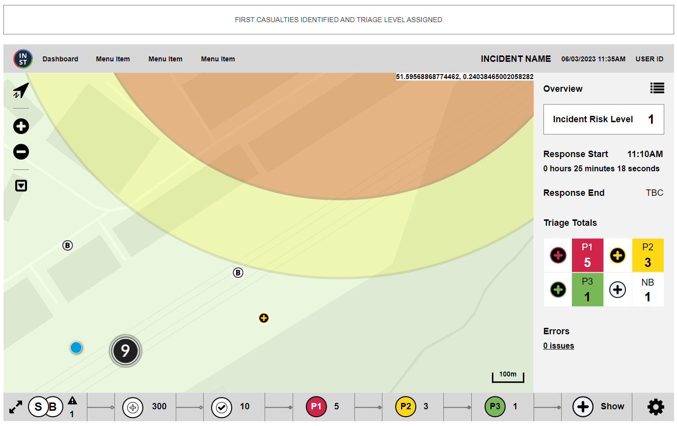 Screengrab from INST visual design mock-up showing a count of casualties, location of casualties and triage of casualties, all displayed on a map of a local area which also has the hot zone and warm zone clearly indicated.