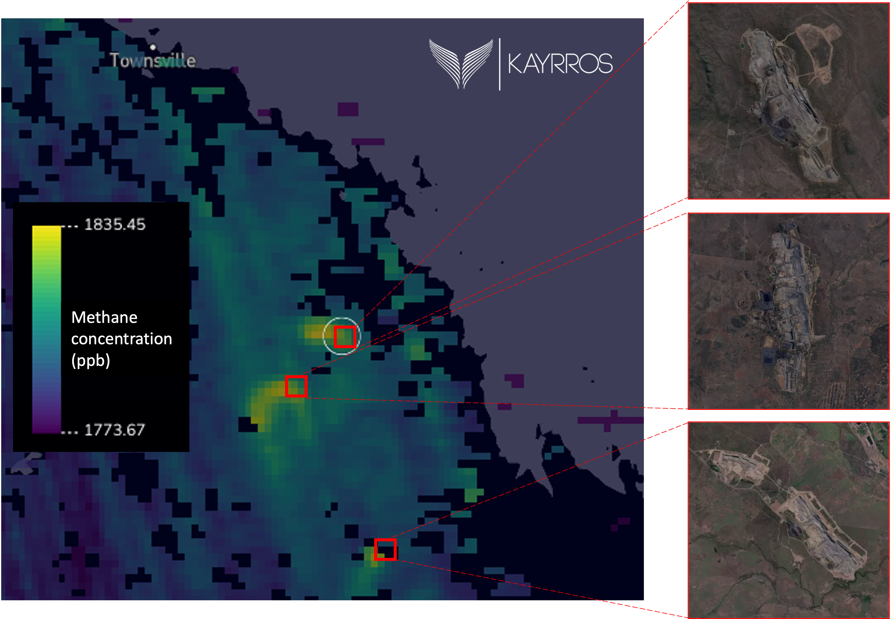 Super-emitter events identified at coal mines in Australia’s Bowen basin. Credit: Kayrros