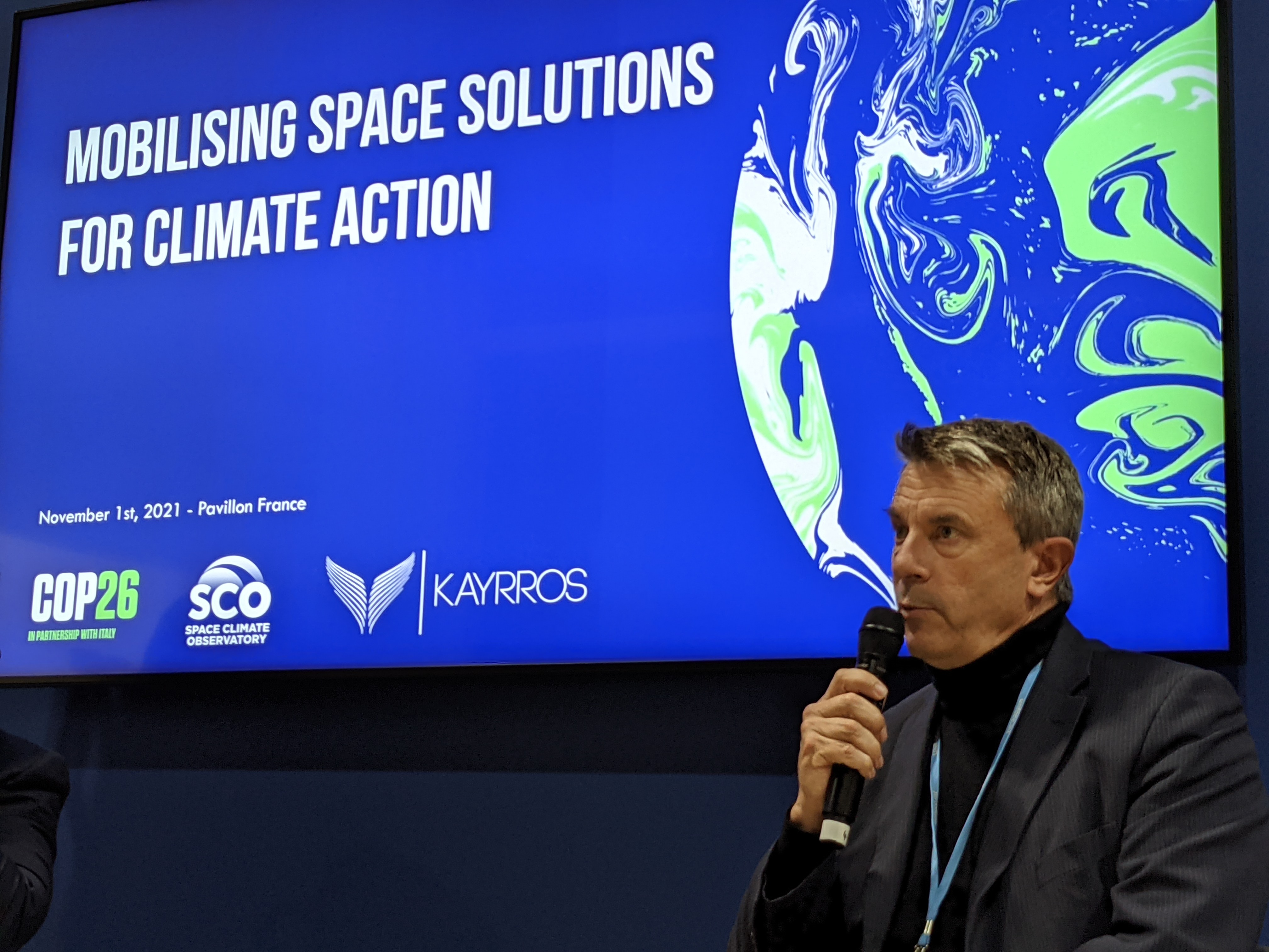 Antoine Rostand, Kayrros CEO, speaking during the 26th United Nations Climate Change conference (COP 26). Credit: Kayrros