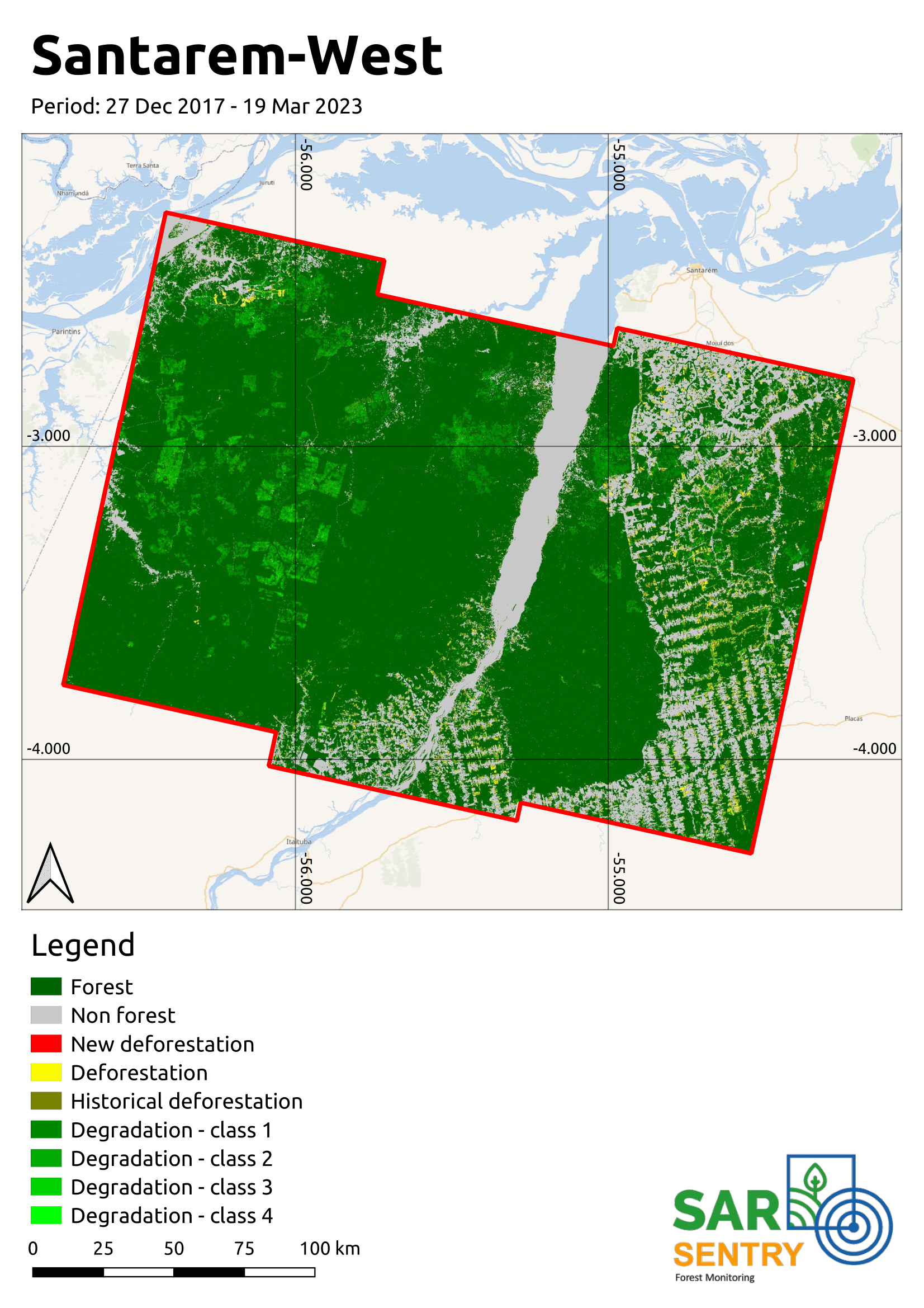 Example of SarSentry forest change result map for 1 complete radar stack (Dec 2017 – Mar 2023) west of the city of Santarem. Areas that were non-forest in 2017 are shown in grey. In the western part square shaped forest degradation can be observed as a result of selective logging in a forest concession area. In the eastern part deforestation and forest degradation can be observed in an agricultural area around the typical fish-bone infrastructure.