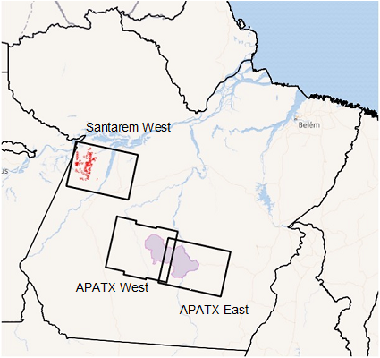 Selected Sentinel-1 demonstration test sites in the State of Pará. The red areas in Santarem West are timber concessions. The purple area in APATX is the protected area APA Triunfo do Xingu 