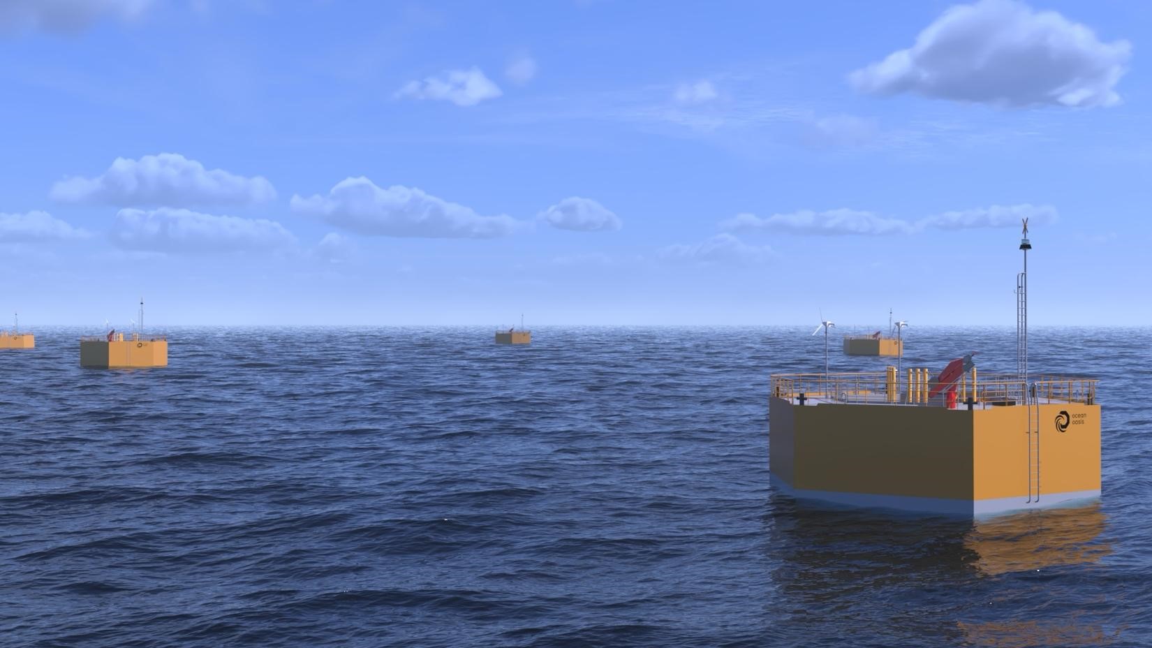 Illustration: Rendering of future offshore water farm with multiple Ocean Oasis desalination buoys deployed