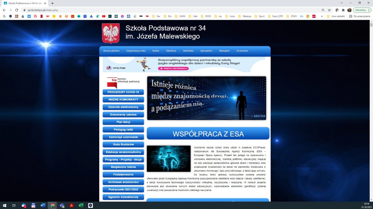 Print screen of the school’s website with information about cooperation with ESA in the frame of ECOPlayer project.