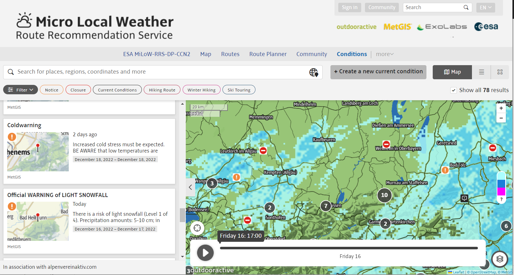 Figure 3: Integration of weather warnings and an animated precipitation radar map into the Outdooractive platform (Image credit: Outdooractive AG, MiLoW-RRS-DP-2)