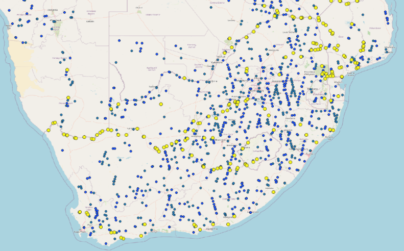 Image credit: CLS 2024: Potential of satellite altimetry observations in South Africa  In yellow current virtual station already available. In blue, potential virtual stations (~1,300)