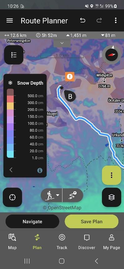 Figure 9: Snow depth integration in the route planner, including map overlay and snow depth integration in elevation profile (Image credit: Outdooractive AG, MiLoW-RRS-DP-CCN-2)