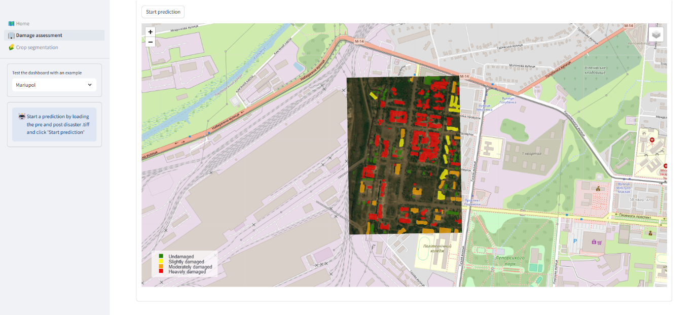 Mariupol (Ukraine), 2022. Damage assessment mapping supplied by the AIDA platform: buildings affected by the conflict. Image credit: Ithaca Srl