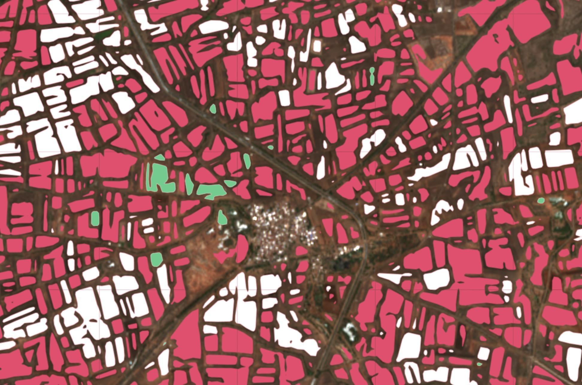 Detection of organic cotton fields (green), non-organic cotton fields (white), and other crop fields (pink)