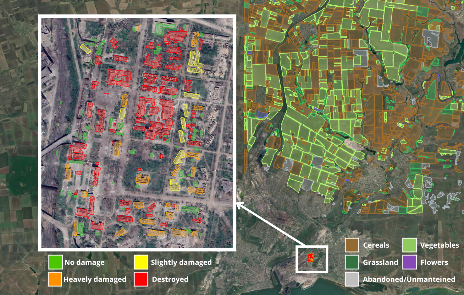 Mariupol (Ukraine), 2022. Damage assessment mapping using AIDA: buildings and crop affected by the conflict. Image credit: Ithaca Srl