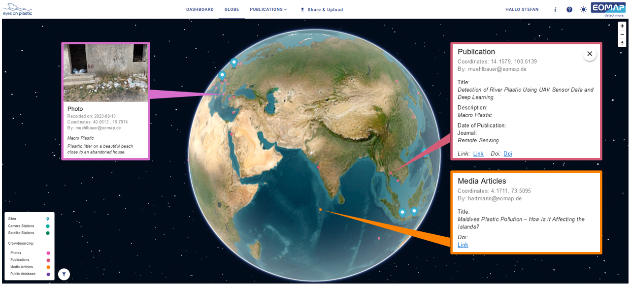 GlobeView of the web application shows crowd sourcing data. Image credit: EOMAP