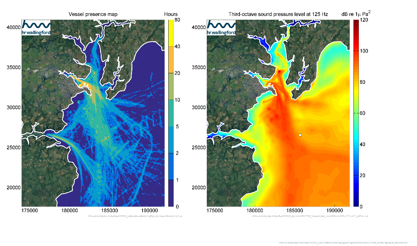 Figure 3:  Map of vessel presence (left) and 2D-sound levels generated  by the vessels at a sound frequency of 125 Hz (right