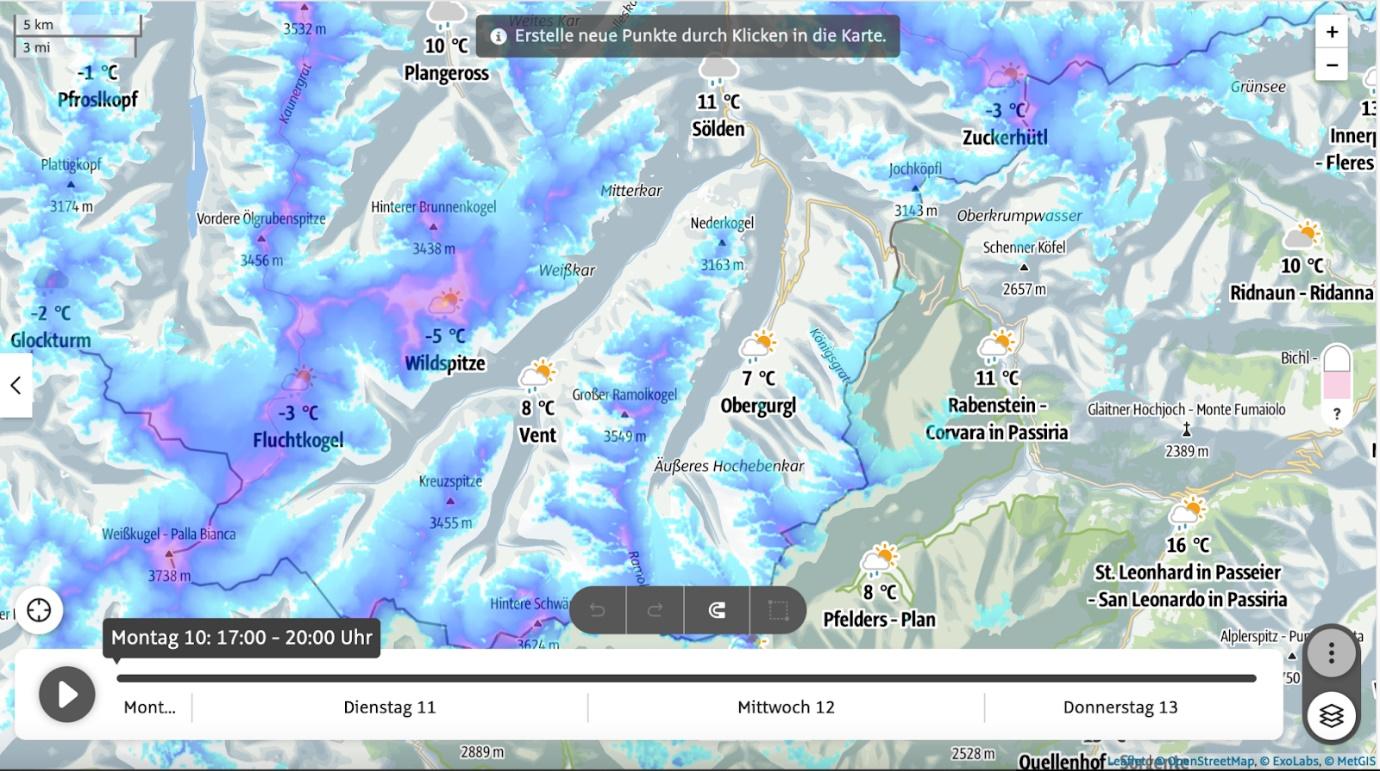 Figure 2: ExoLabs Snow depth map integrated into Outdooractive web client (Image credit: Outdooractive AG, MiLoW-RRS-DP-2)