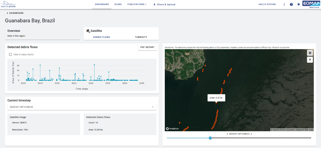 The Satellite Tab of a Monitoring Site shows marine floating debris detections based on Sentinel-2 imagery. Image credit: EOMAP