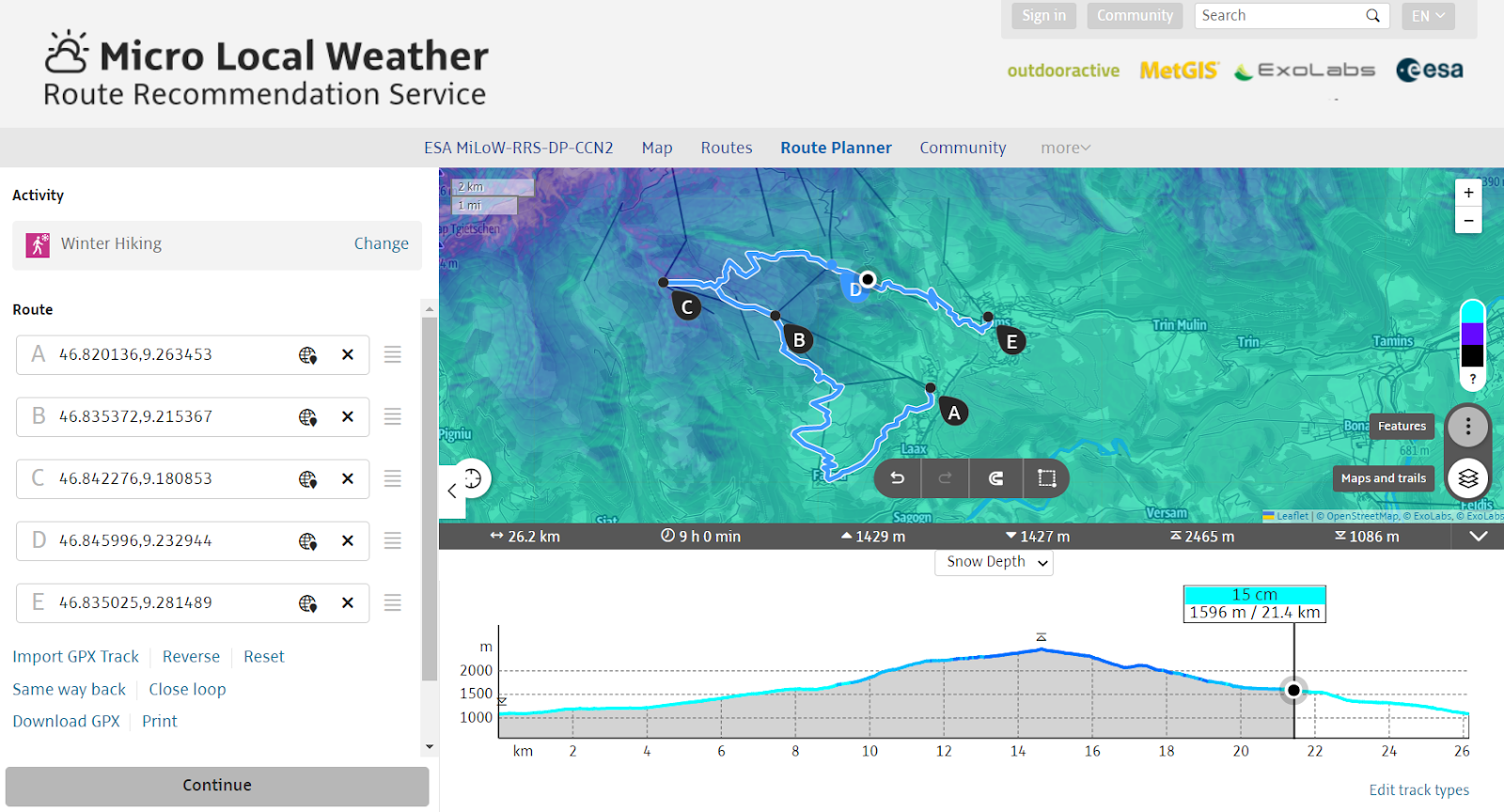 Figure 1: One-stop-shop solution for snow-depth integration to support individual route planning (Image credit: Outdooractive AG, MiLoW-RRS-DP-2)