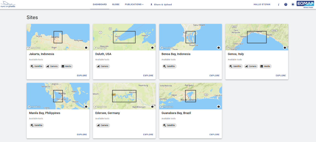 All Monitoring Sites are listed on the Eyes on Plastic Dashboard. Image credit: EOMAP