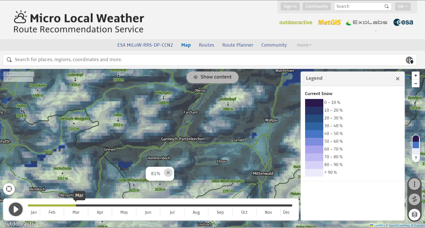 Figure 4: Climatologies map displaying the statistical probabilities for snow cover in the month of March around Garmisch Partenkirchen in Germany (Image credit: Outdooractive AG, MiLoW-RRS-DP-2)