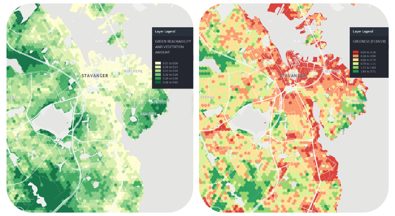 50m hex grid comparing Green Score (closeness to green space combined with amount of vegetation from Sentinel2-derived metrics) and Greenness (FCOVER) score, showing the areas with the least amount of vegetation, regardless of accessibility.