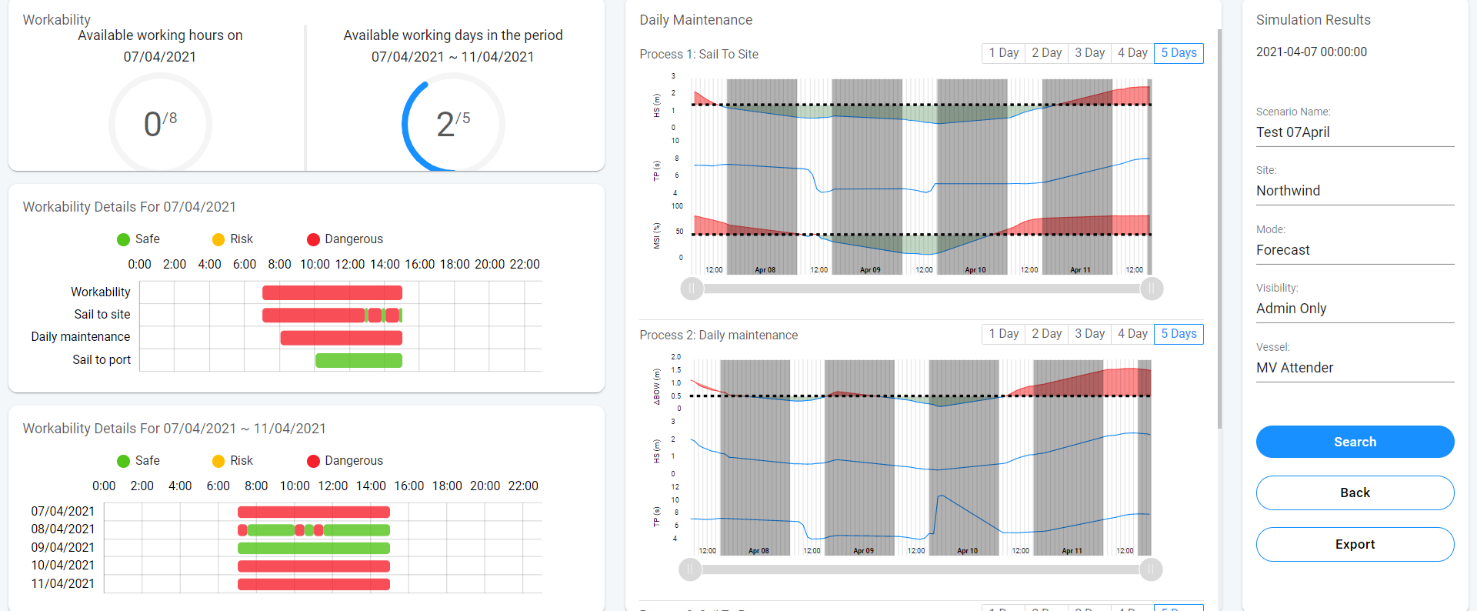 MOOD Decom web application GUI for workability assessment, visualisation and export of weather windows. Image credit: DHI, Project: Mood Decom.