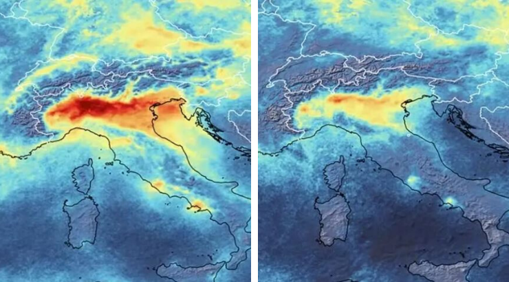 Air pollution (nitrogen dioxide) on January 1 and March 11, 2020. Data from Copernicus Sentinel-5P satellite.