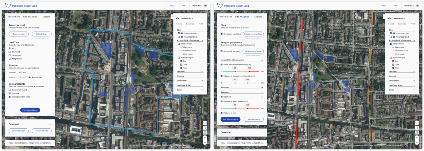 Left: View of the Vacant Land function. Right: View of the Site Analytics function – Credit: Arup