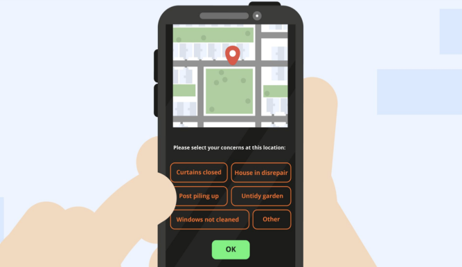 Space adds value: GNSS location data is used to show ‘hotspots’ – for example where curtains might be closed for days or rubbish is piling up. This information is generated automatically – in a single step – when the user taps a heart icon. (Image credit: USDL)