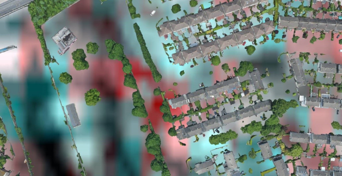 City streets with minor flooding (red). Image: mSemicon (based on Google Earth)