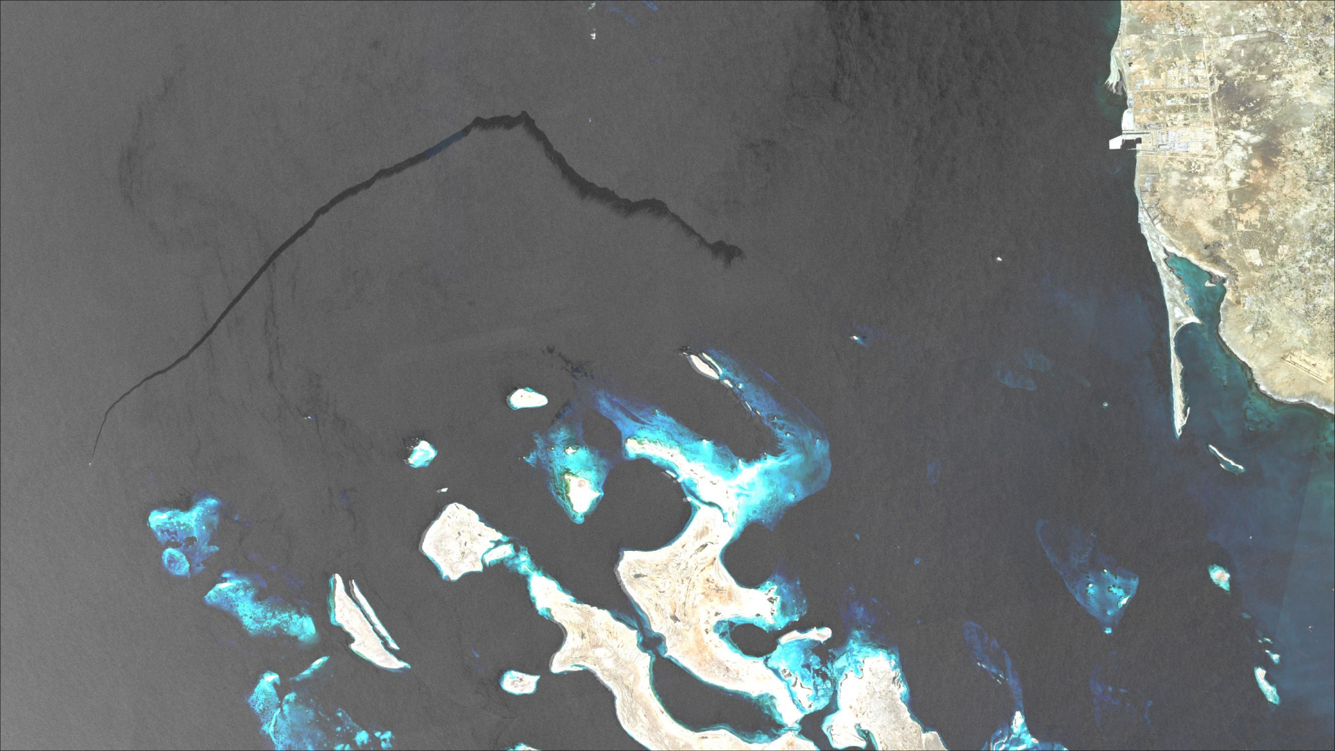 Vessel pollution in the Red Sea captured by the ESA Sentinel-1 satellite (contains modified Copernicus Sentinel data [2021]) (image courtesy of CGG).